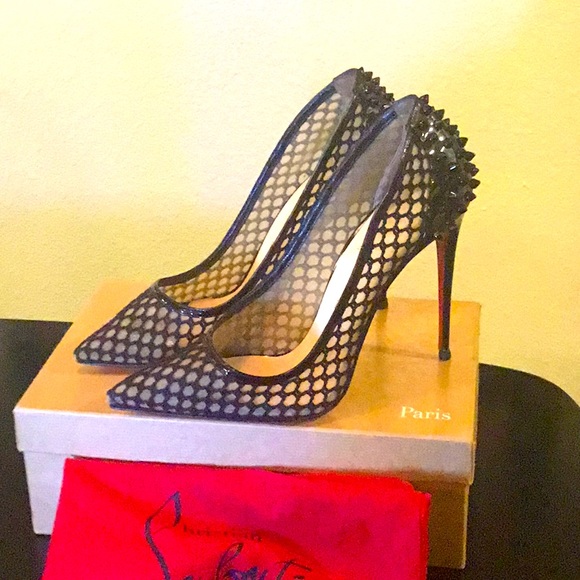 Christian Louboutin , spiked back, black Mesh,Patient Leather, webs (42)”12 🌹🌹 - Picture 3 of 7
